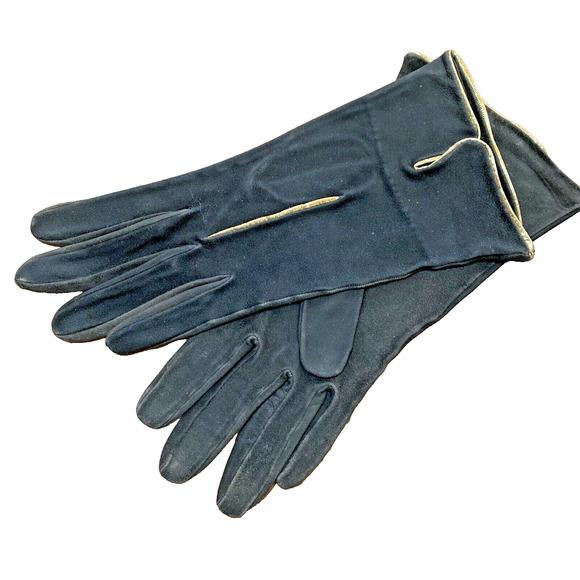 Vintage Black Suede Ladies Dressy Wrist Gloves Gold Metallic Trim Mid Century - Picture 5 of 8